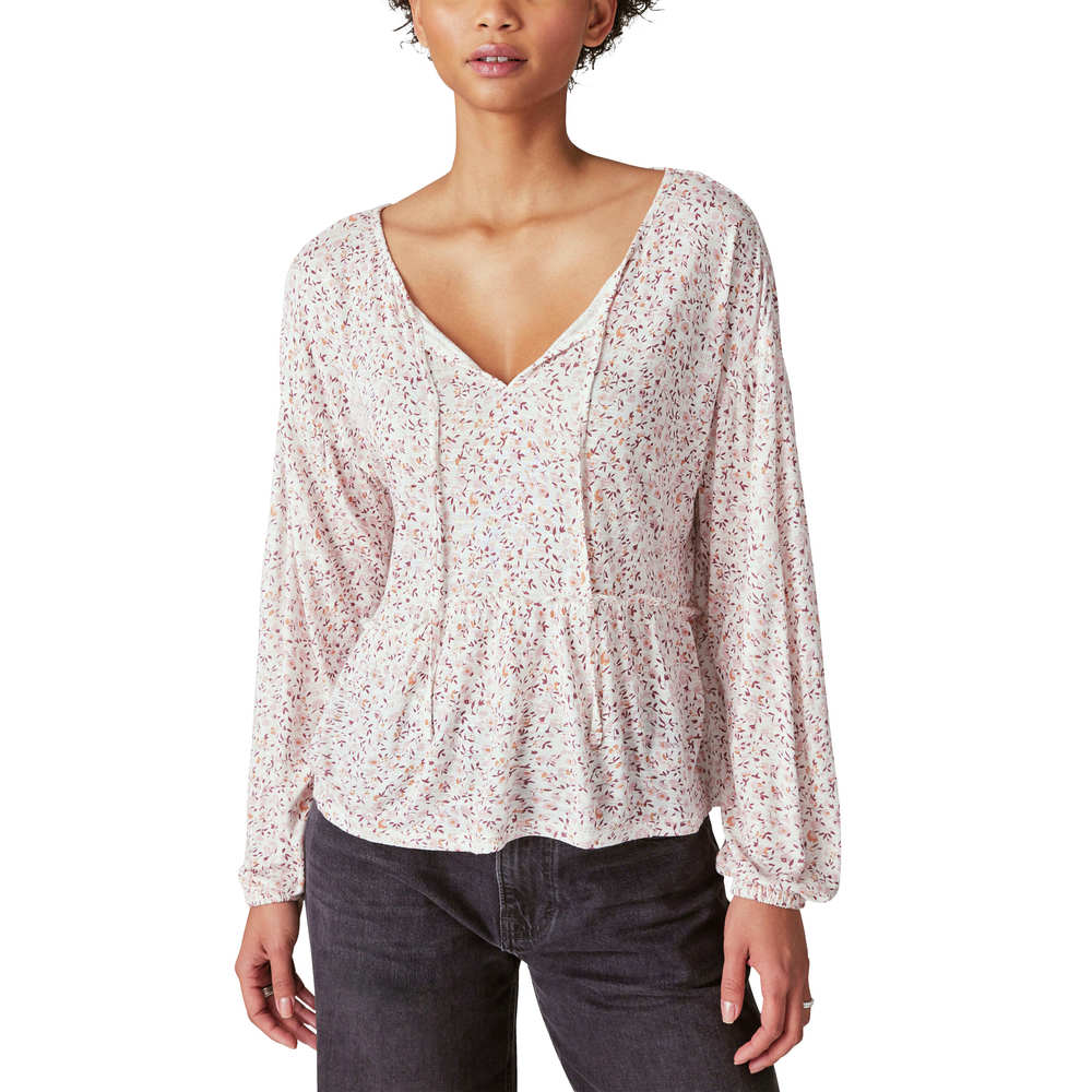 Lucky Brand Long Sleeve Notch Neck Top - Cream Multi